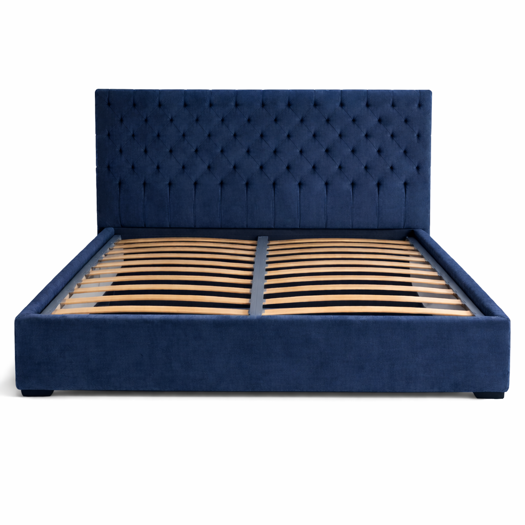 Тъмно синьо тапицирано легло с табла и подматрачна рамка  от Sleepmode