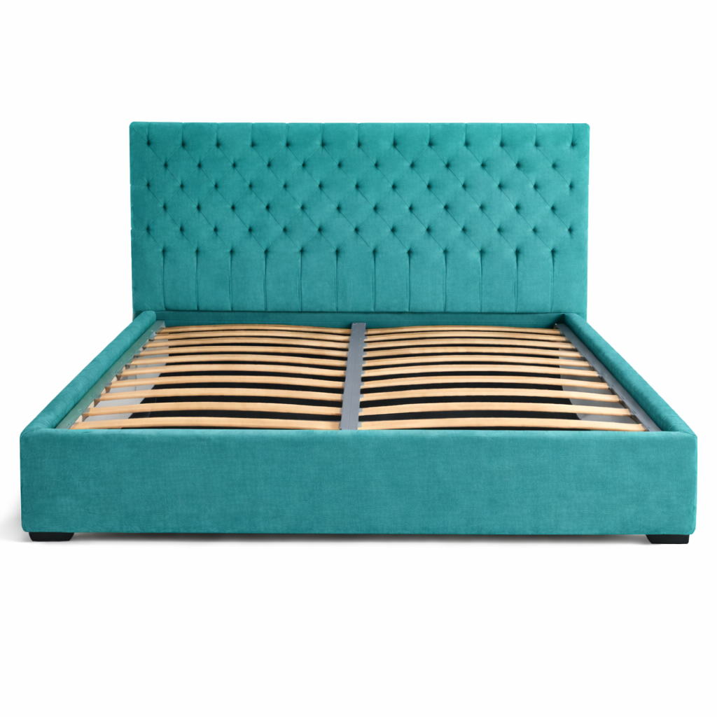 Тапицирано легло в цвят тюркоаз с табла и подматрачна рамка  от Sleepmode