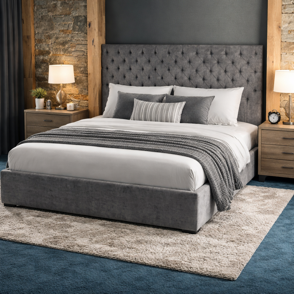 Тапицирано легло с табла, матрак и спален комплект, разположено в стая от Sleepmode