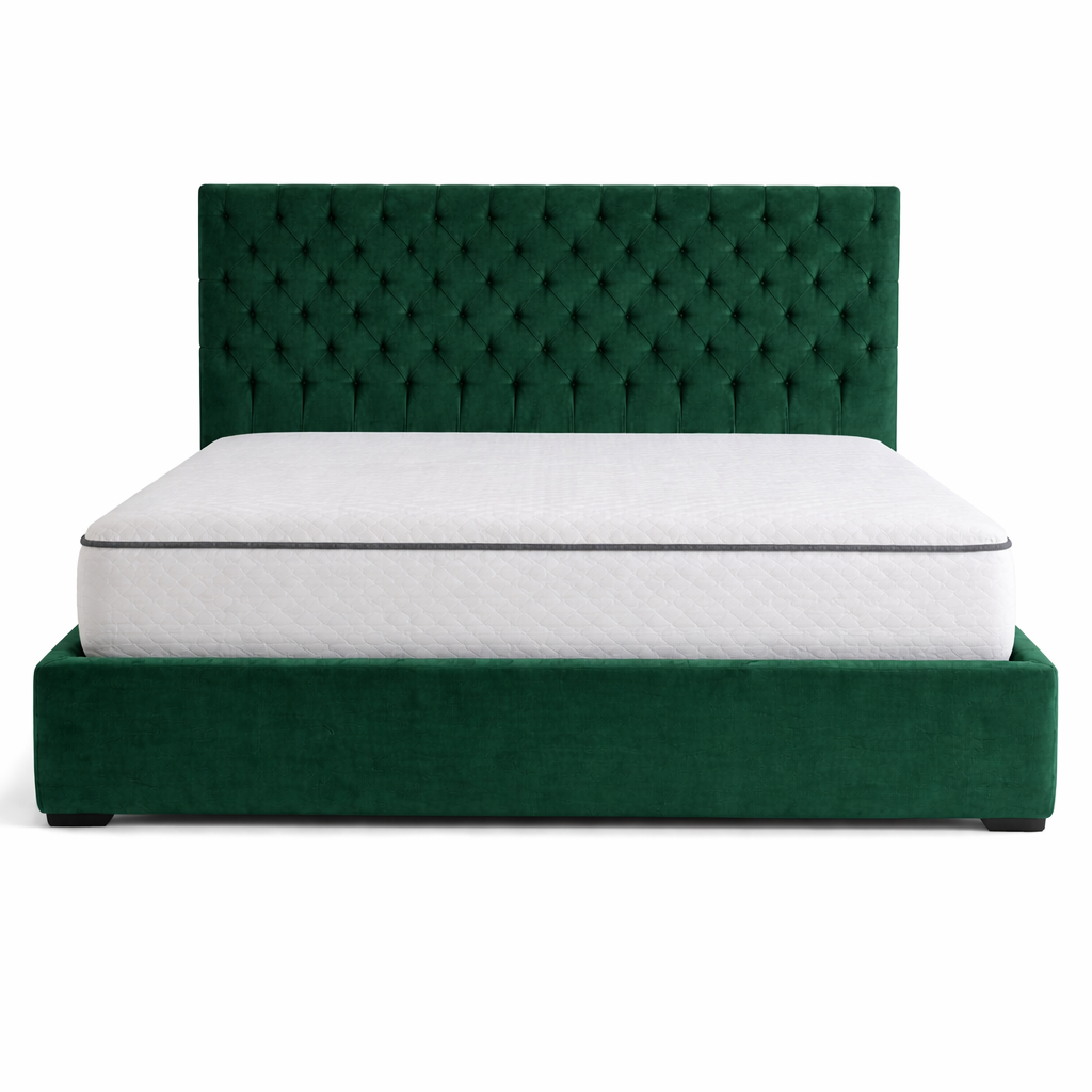 Тъмно зелено тапицирано легло с табла и двулицев матрак  от Sleepmode