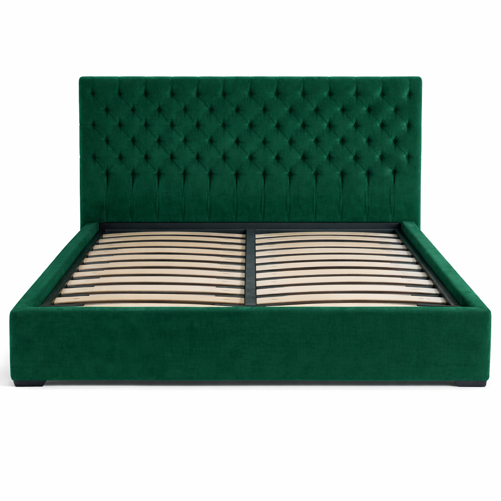 Тапицирано легло в цвят тъмно зелен с табла и подматрачна рамка  от Sleepmode