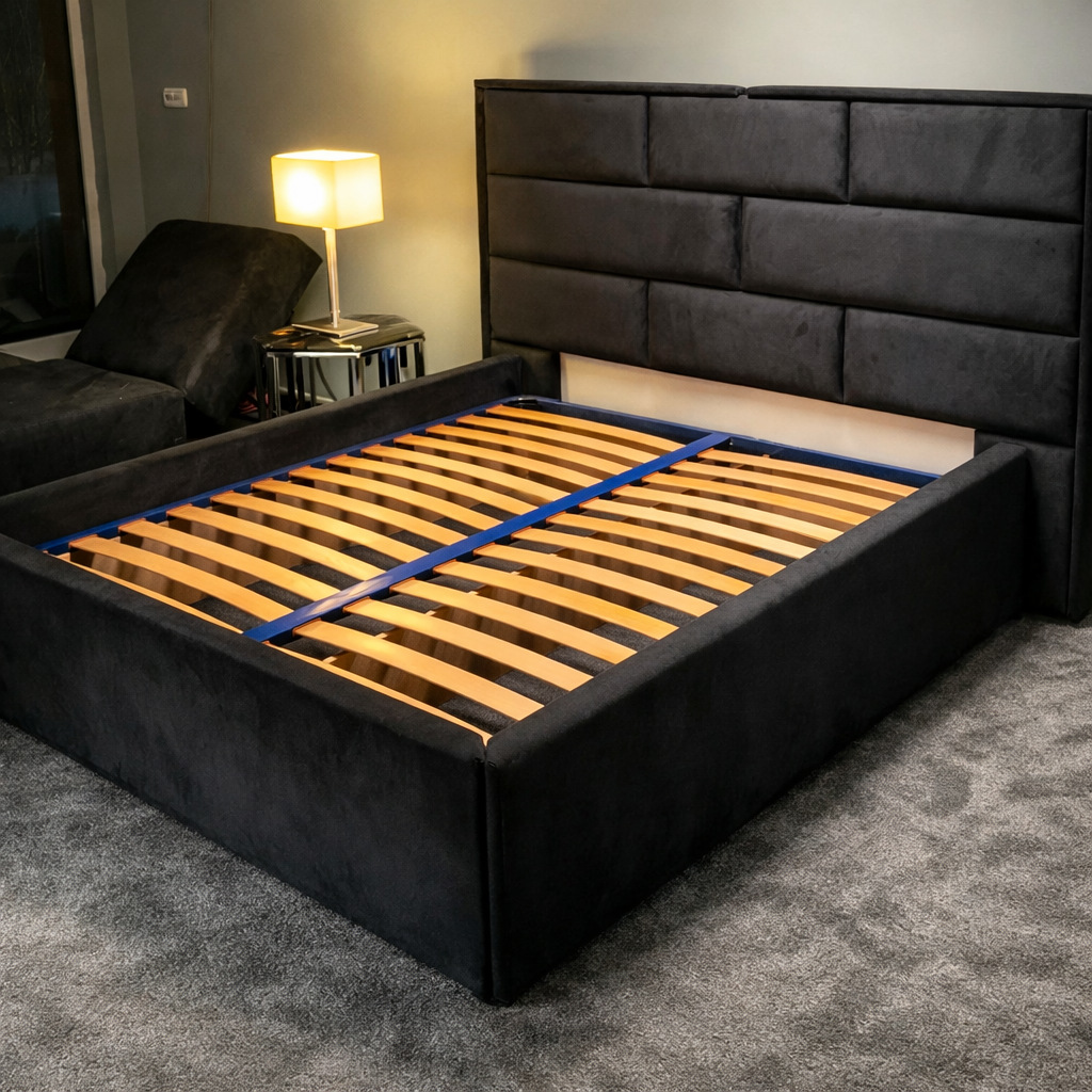 Луксозно тапицирано легло с подматрачна рамка и табла, разположено в интериор от Sleepmode