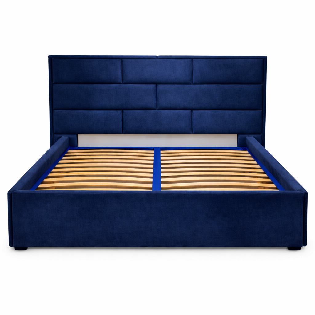 Луксозно тъмно синьо тапицирано легло с подматрачна рамка и табла от Sleepmode