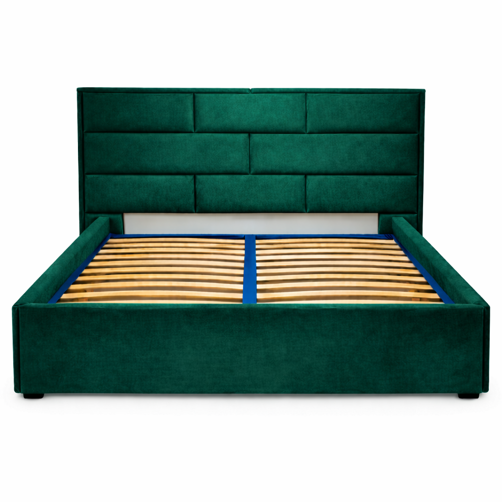 Луксозно тъмно зелено тапицирано легло с подматрачна рамка и табла от Sleepmode