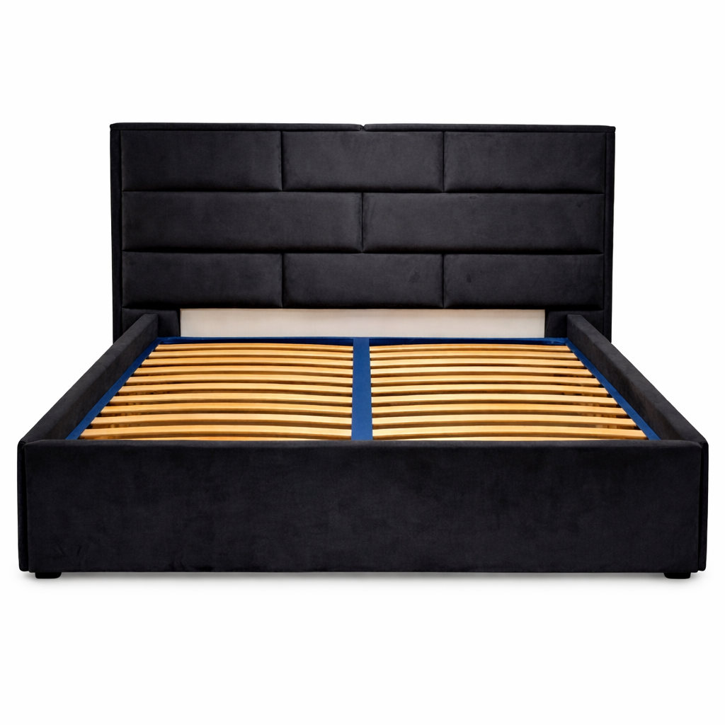 Луксозно тъмно сиво графитено тапицирано легло с подматрачна рамка и табла от Sleepmode