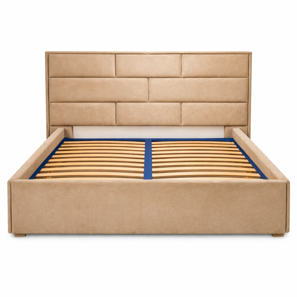 Луксозна бежова тапицирана спалня с подматрачна рамка и табла от Sleepmode