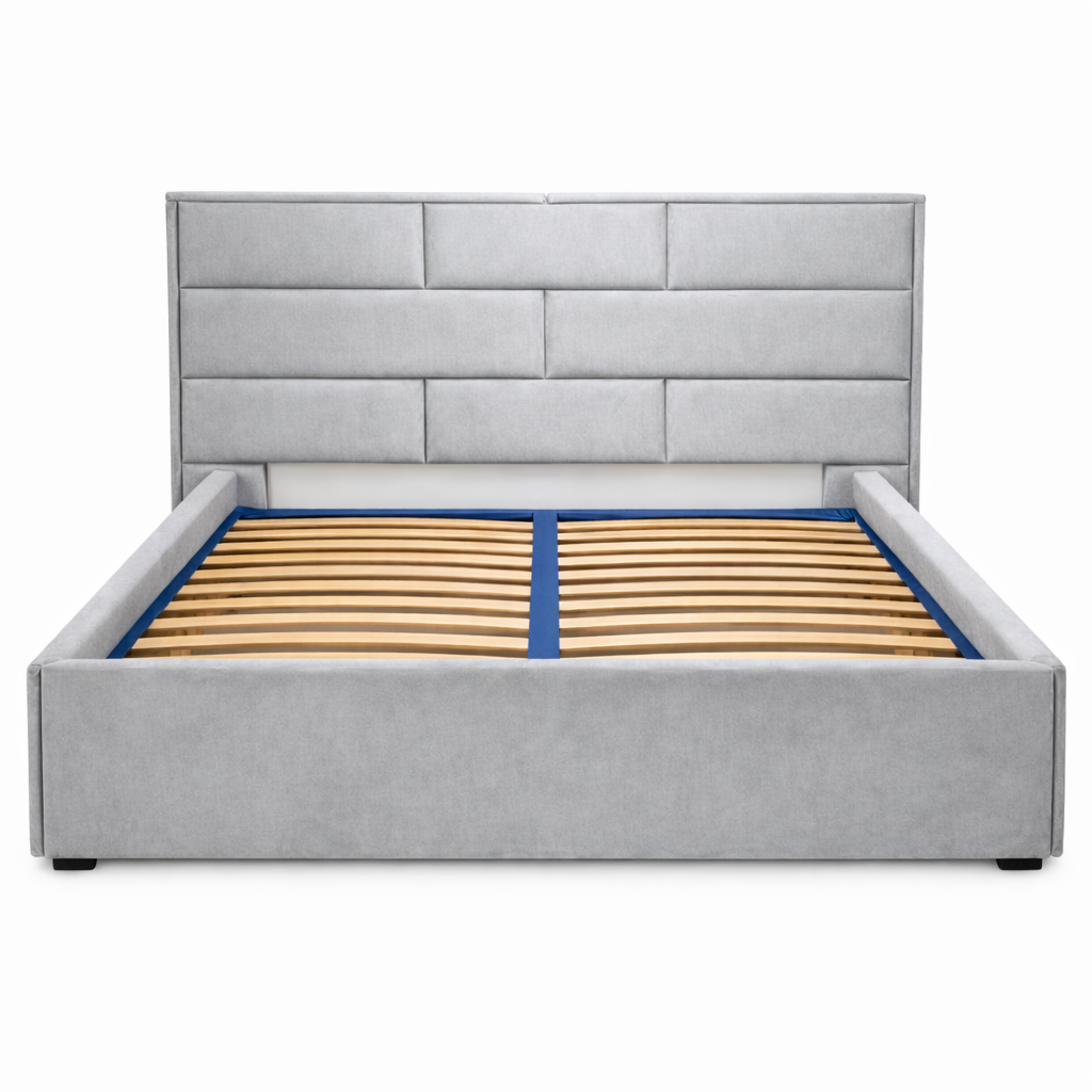 Луксозно светло сиво тапицирано легло с подматрачна рамка и табла от Sleepmode