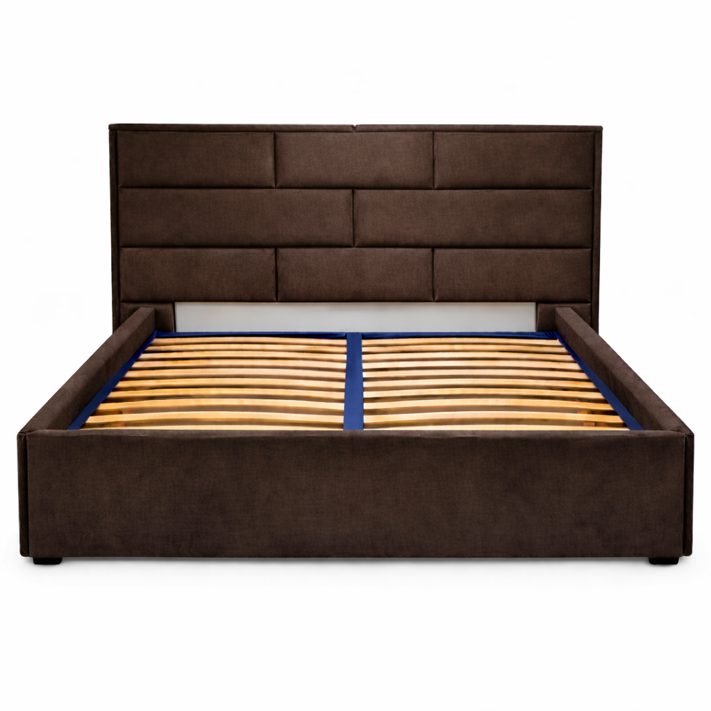Луксозна тъмно кафява тапицирана спалня с подматрачна рамка и табла от Sleepmode