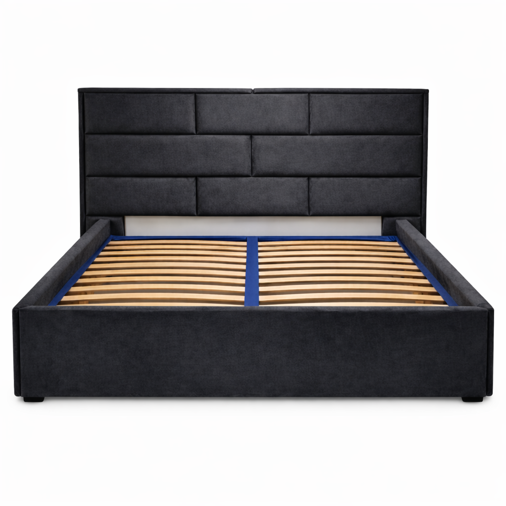 Луксозна тъмно сива тапицирана спалня с подматрачна рамка и табла от Sleepmode